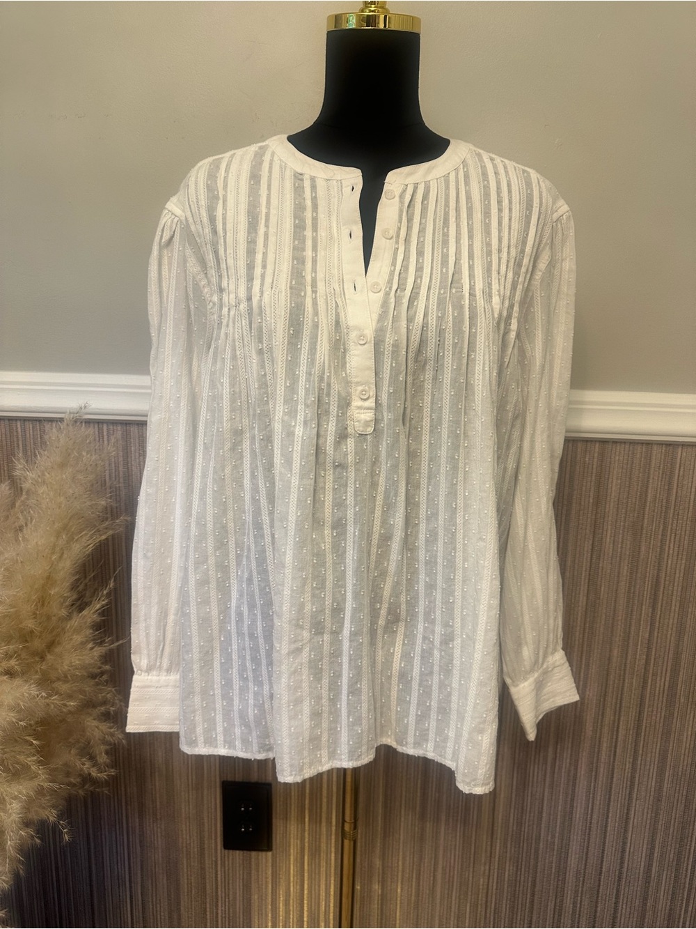 NWT Caslon White Swiss Dot Cotton Blouse Size Large Boho Peasant Top